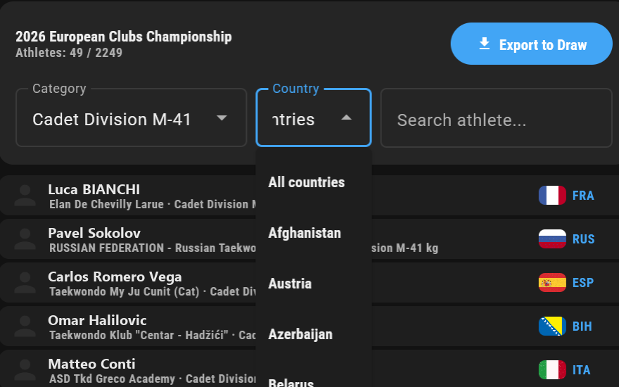 Import athletes from SimplyCompete, filtered by category and country