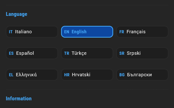 Settings panel showing the app language selector with 9 languages