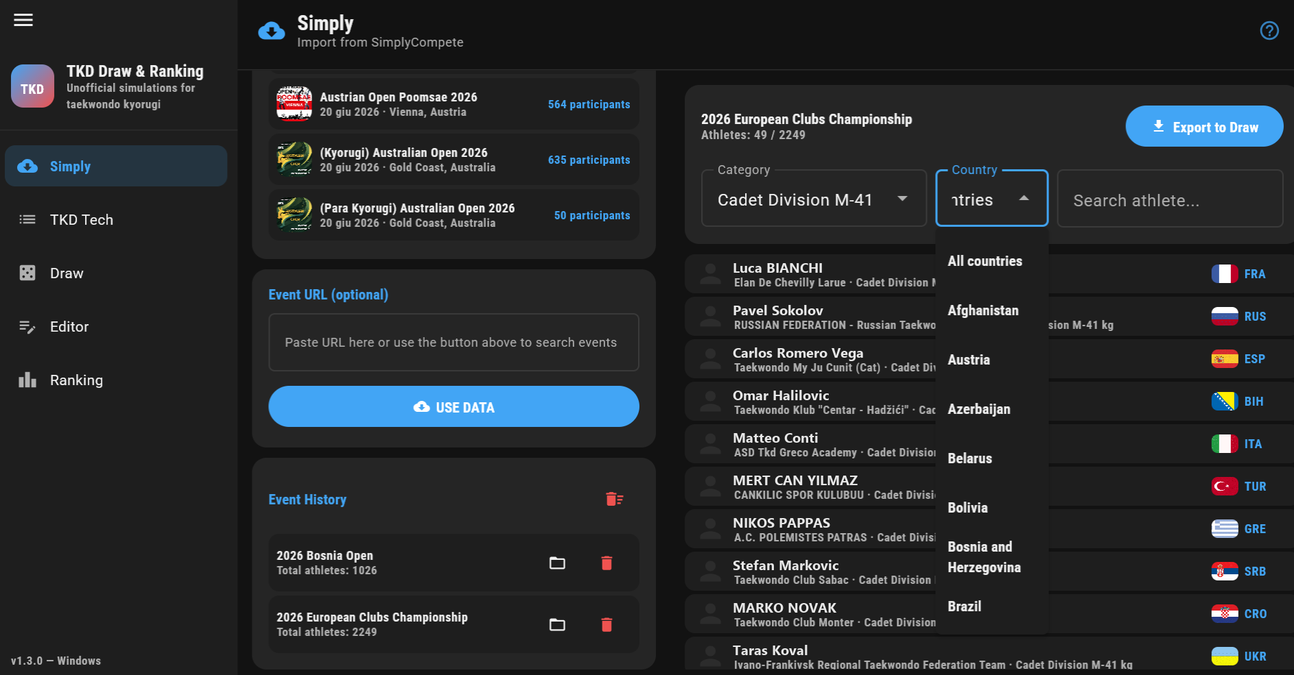 Import athletes from SimplyCompete, filtered by category and country