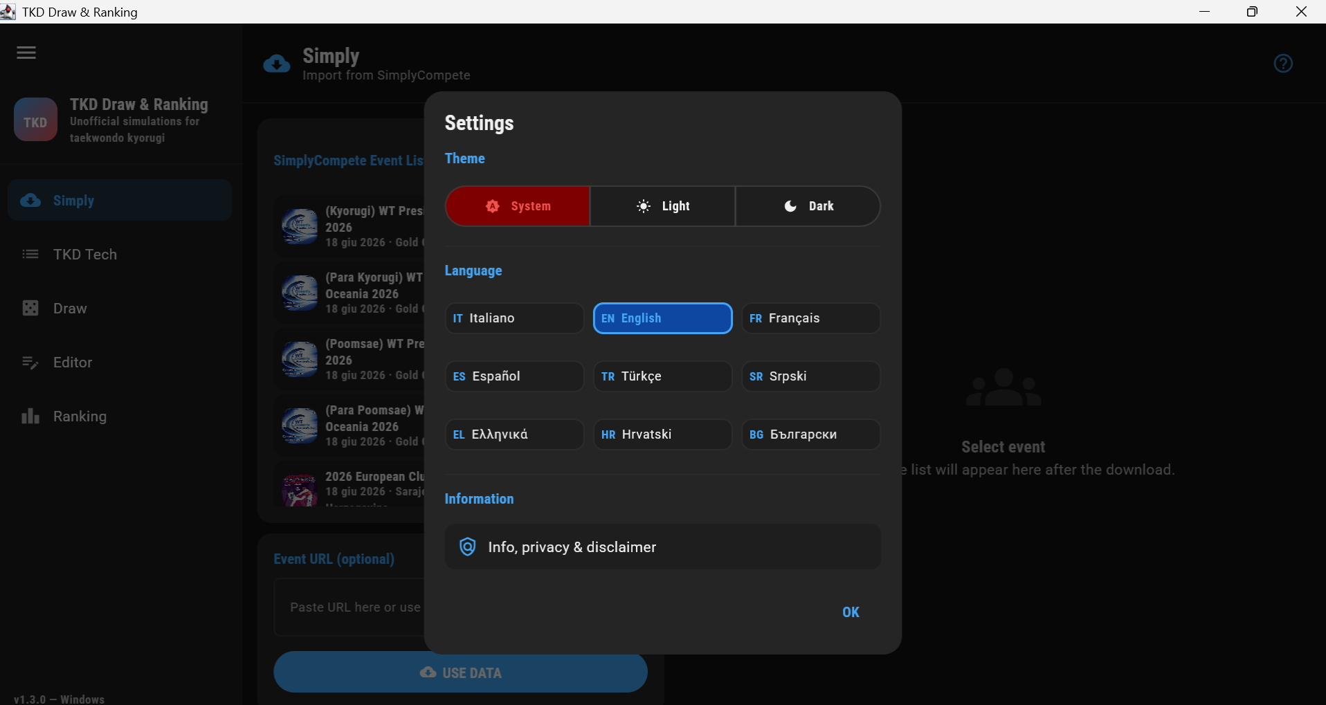 Settings panel showing 9 languages and light/dark theme
